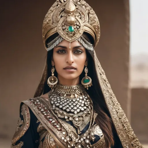 Prompt: Tall pakistani woman in cultural armor with jewelry as weapons