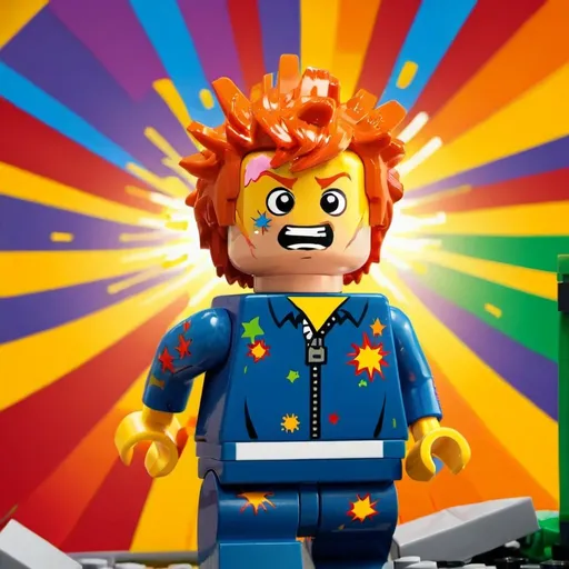 Prompt: red haired boy with a crazy face. portrait image in lego style. colourful sunburst explosion in background
