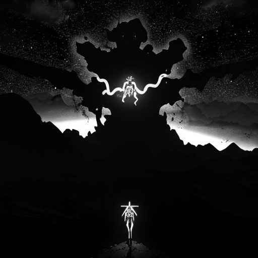 Prompt: Stark black and white illustration of a horrific Neon Genesis Evangelion scene, religious symbolism, stark contrast, starry background, apocalyptic setting, end of the world, intense emotion, demonic, monochrome, detailed religious symbols, dramatic lighting