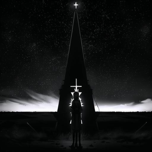 Prompt: Stark black and white illustration of a horrific Neon Genesis Evangelion scene, religious symbolism, stark contrast, starry background, apocalyptic setting, end of the world, intense emotion, demonic, monochrome, detailed religious symbols, dramatic lighting