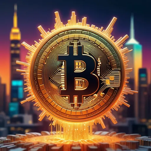 Prompt: (bitcoin symbol) modern digital concept art, vibrant colors, expressive symbols radiating energy, financial growth and spiritual elements intertwined, warm ambient glow, digital device showcasing the bitcoin market, optimistic and hopeful atmosphere, high contrast, richly detailed background, thriving city skyline, ultra-detailed, 4K resolution, contemporary and inspiring composition.