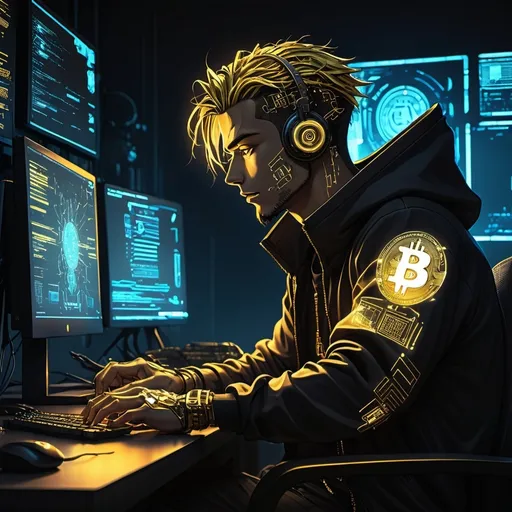 Prompt: Anime cyberpunk style, man at his computer with 3 screens, highly detailed, HD, dark background, the light from the computers reflect gold, bitcoin, and success