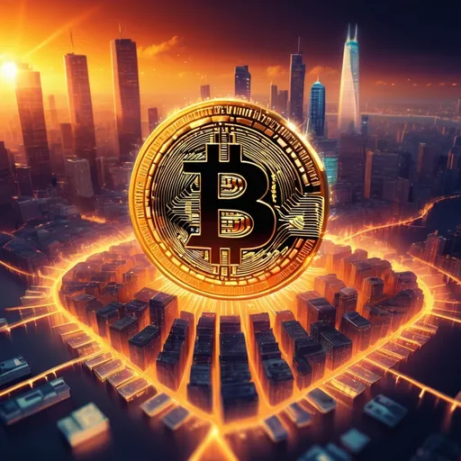 Prompt: (bitcoin symbol) modern digital concept art, vibrant colors, expressive symbols radiating energy, financial growth and spiritual elements intertwined, warm ambient glow, digital device showcasing the bitcoin market, optimistic and hopeful atmosphere, high contrast, richly detailed background, thriving city skyline, ultra-detailed, 4K resolution, contemporary and inspiring composition.