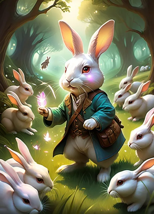 Prompt: (Rabbit Planeswalker), tapping a rabbit to stun an opponent's creature, whimsical magic, dreamy landscape, surrounded by adorable rabbits, vibrant colors, lush green grass, sparkling lights, enchanting atmosphere, gentle pastel hues, serene feel, soft focus, high detail, possibly at dusk with warm tones, (fantasy card art style), ultra-detailed, imaginative composition.