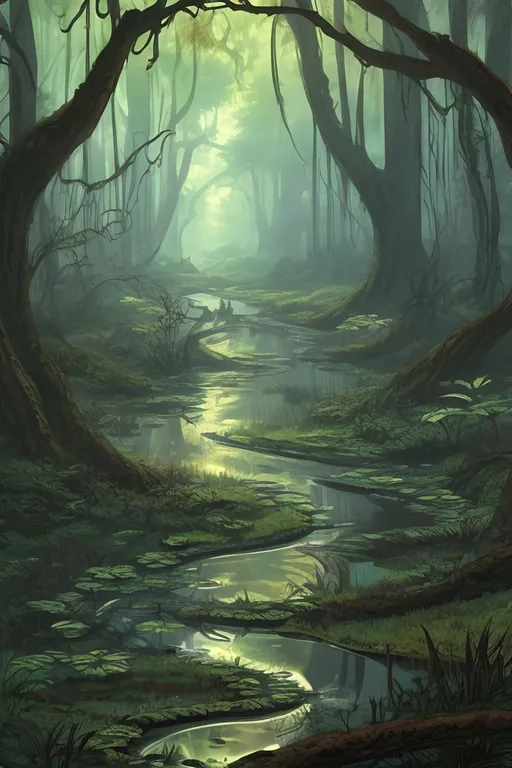 Prompt: A sluggish, marshy stream connected with a river, landscape, magical swamp forest, artistic, magic the gathering art style