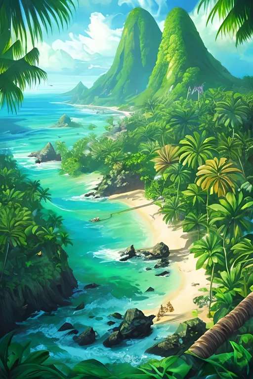 Prompt: lush tropical island, green, sea, artistic, magic the gathering art style