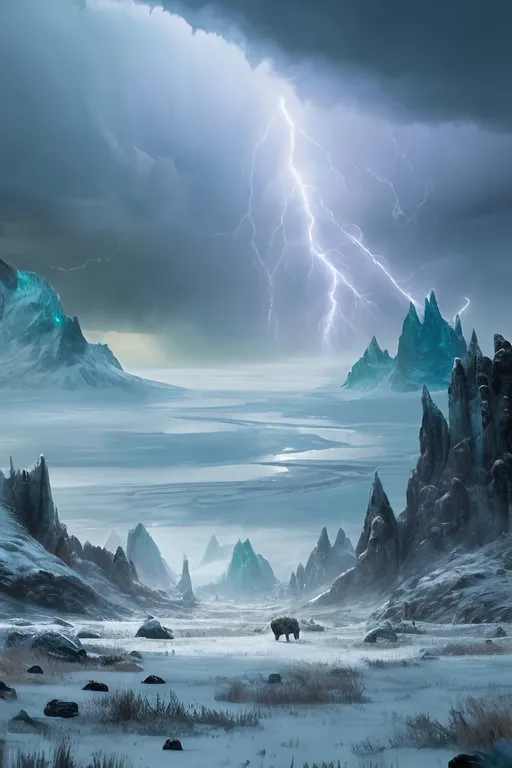 Prompt: frozen tundra landscape, epic lightning, far away animals, magic the gathering style