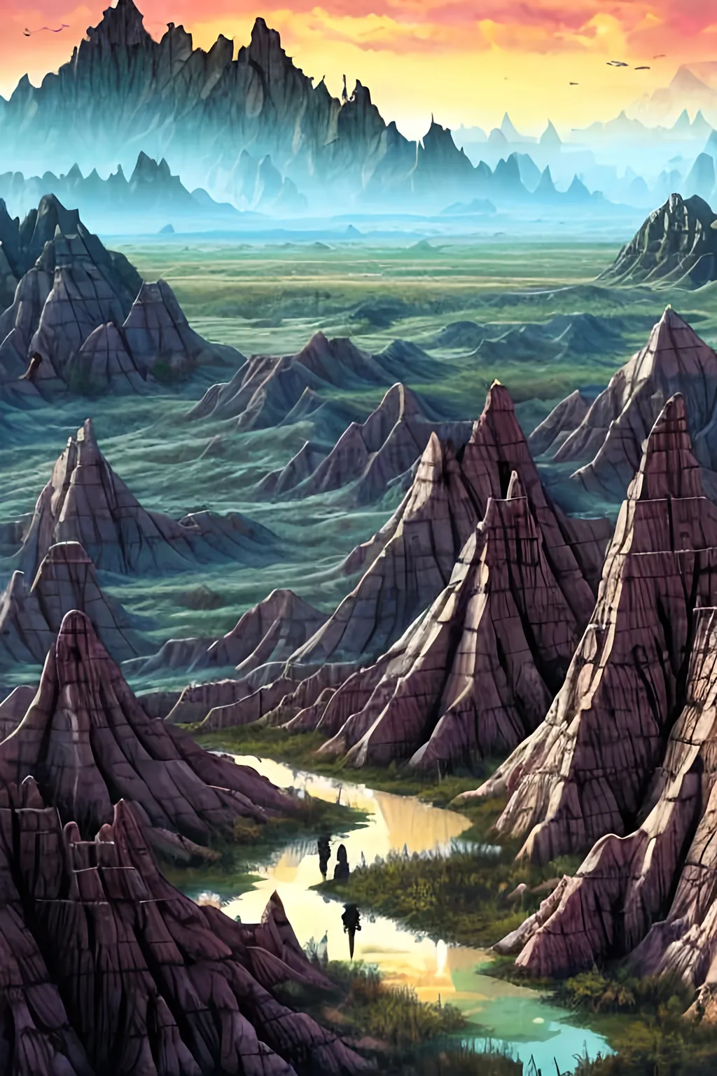 Prompt: badlands landscape, swamp, cracked ground,mountains, dark,  artistic, magic the gathering art style