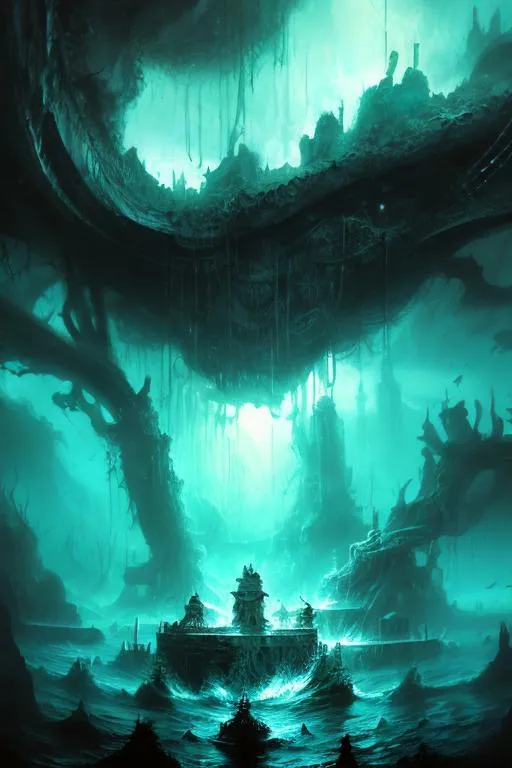 Prompt: underground sea landscape, sea, dark, artistic, magic the gathering art style