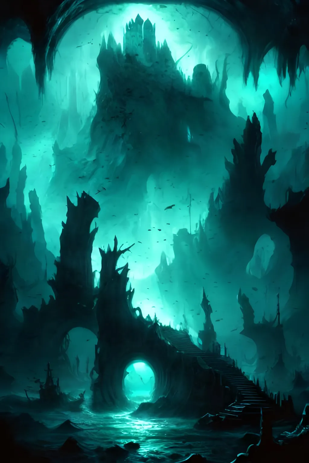 Prompt: underground sea landscape, dark artistic, magic the gathering art style