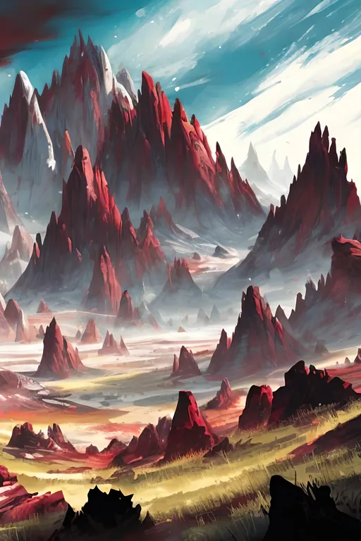 Prompt: plateau landscape, red and white colors, cracked ground,  artistic, magic the gathering art style