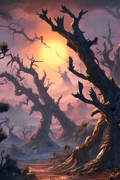 Prompt: scrub landscape, dead trees, artistic, magic the gathering art style