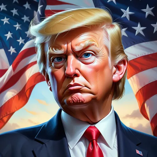 Prompt: Realistic digital painting of Donald Trump in presidential attire, vibrant and patriotic color palette, confident and determined expression, American flag in the background, high quality, detailed realism, political portrait, traditional style, vibrant colors, professional lighting