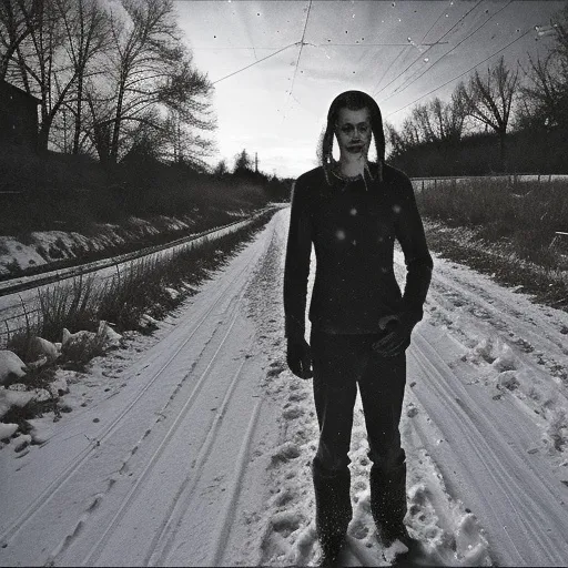 Prompt: monochrome, creepy old family photo, snowy dirt road, strange tall monster