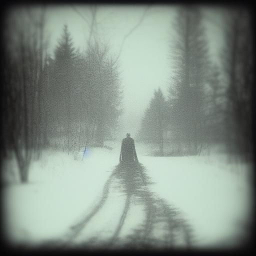 Prompt: monochrome, creepy old photo, snowy dirt road, strange figure