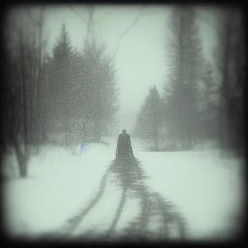 Prompt: monochrome, creepy old photo, snowy dirt road, strange figure