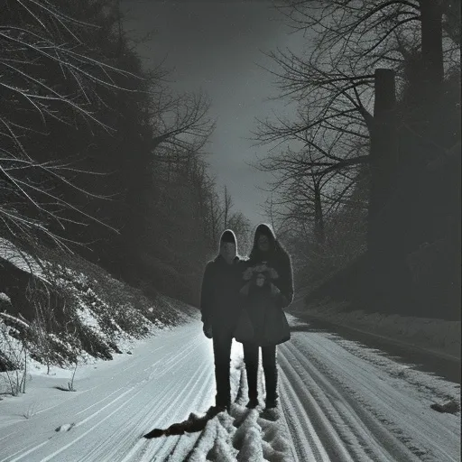 Prompt: monochrome, creepy old family photo, snowy dirt road, strange tall monster