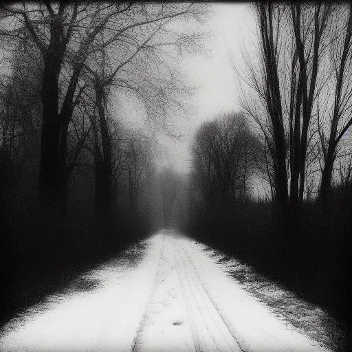 Prompt: monochrome, creepy old photo, snowy dirt road