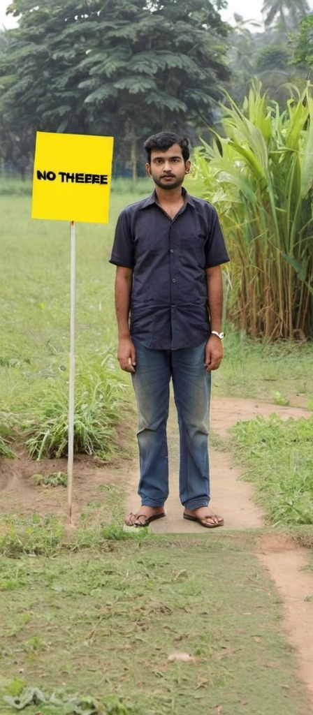 Prompt: a man standing in a field with a yellow sign in the background that says, no one is there, Bikash Bhattacharjee, bengal school of art, full body, a picture