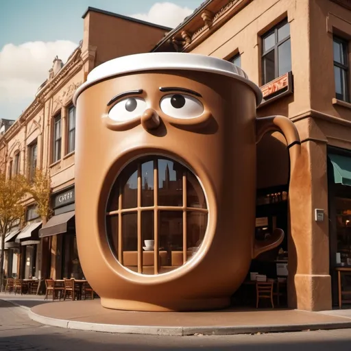 Prompt: (large coffee cup), coffee cafe fully enveloped in brown, exaggerated fluffy building, (tactile allure), huge 3D coffee mug figure, standing prominently in front of street, cozy ambiance, warm color tones, inviting atmosphere, ultra-detailed, imaginative design, playful yet sophisticated style, whimsical elements, soft textures, captivating scene, urban environment, artistic interpretation, vibrant visual contrast.