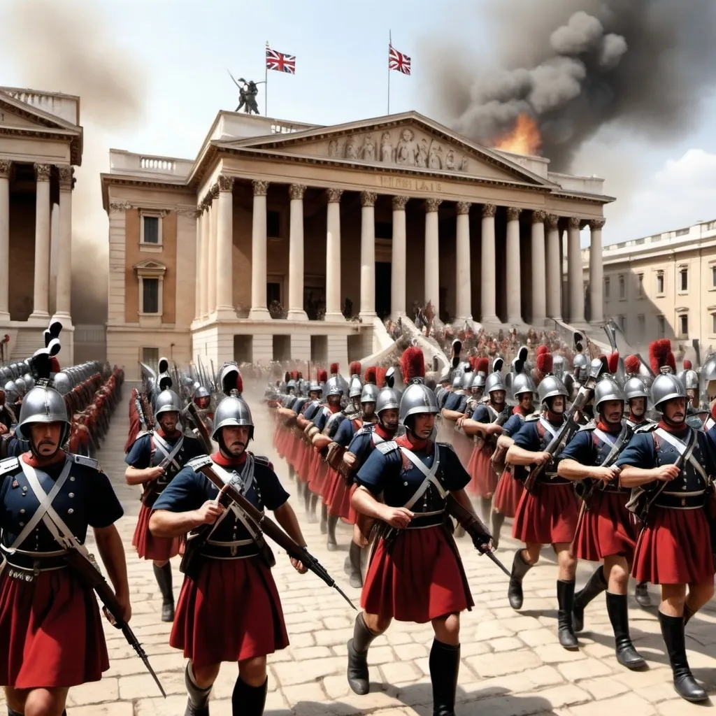 Prompt: "Battle scene in the style of war reportage art.
British Empire line infantry are advancing on front of Roman senate building.