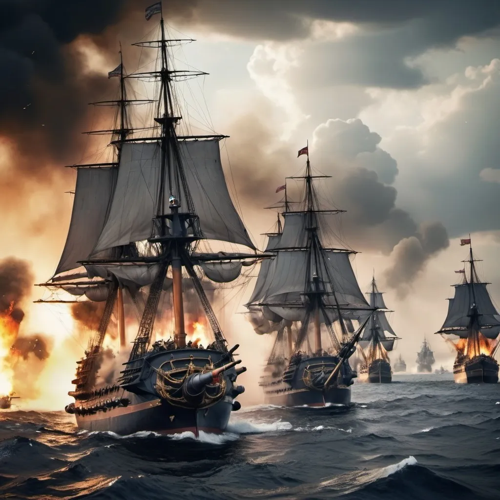 Prompt: "Battle scene in the style of war reportage art.
Naval battle style is Napoleon era.
There engage with British 1st rate battleship and Russian 2 Frigate ship near Roman Harbor