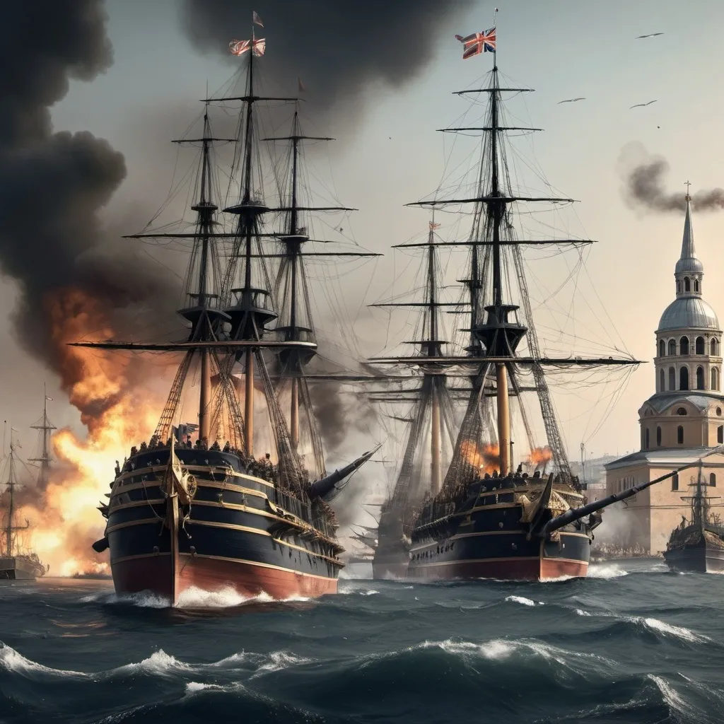 Prompt: "Battle scene in the style of war reportage art.
Naval battle style on Napoleon era.
There engaged with British 1st rate battleship and Russian 2 Frigate ship near Roman style Harbor.
And also can saw Hagia Sophia on background.