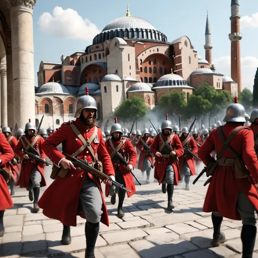 Prompt: "Battle scene in the style of war reportage art.
British Red Coat infantry are advancing on front of Hagia Sophia.