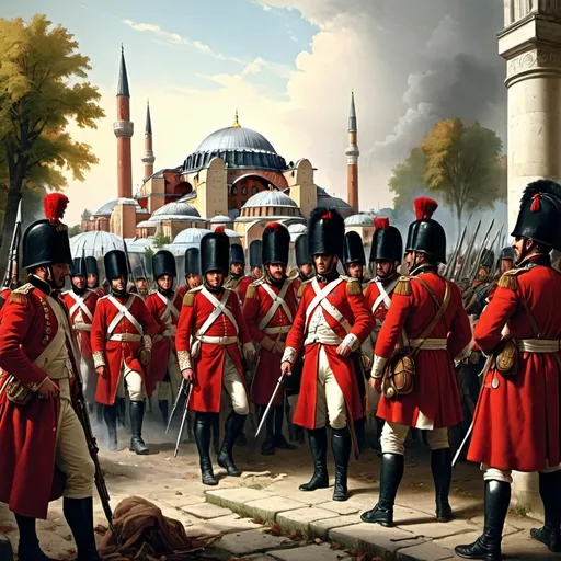 Prompt: 1. Napoleon era line infantry battle.
2. British vs Russia.
3. Near Roman Senate Building.
4. Hagia Sophia on background.
5. British is red coat, Russian is green coat.