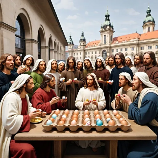 Prompt: Jesus and his apostles eating Easter eggs at The Last Supper with Prague's Main Railway Station in the background
