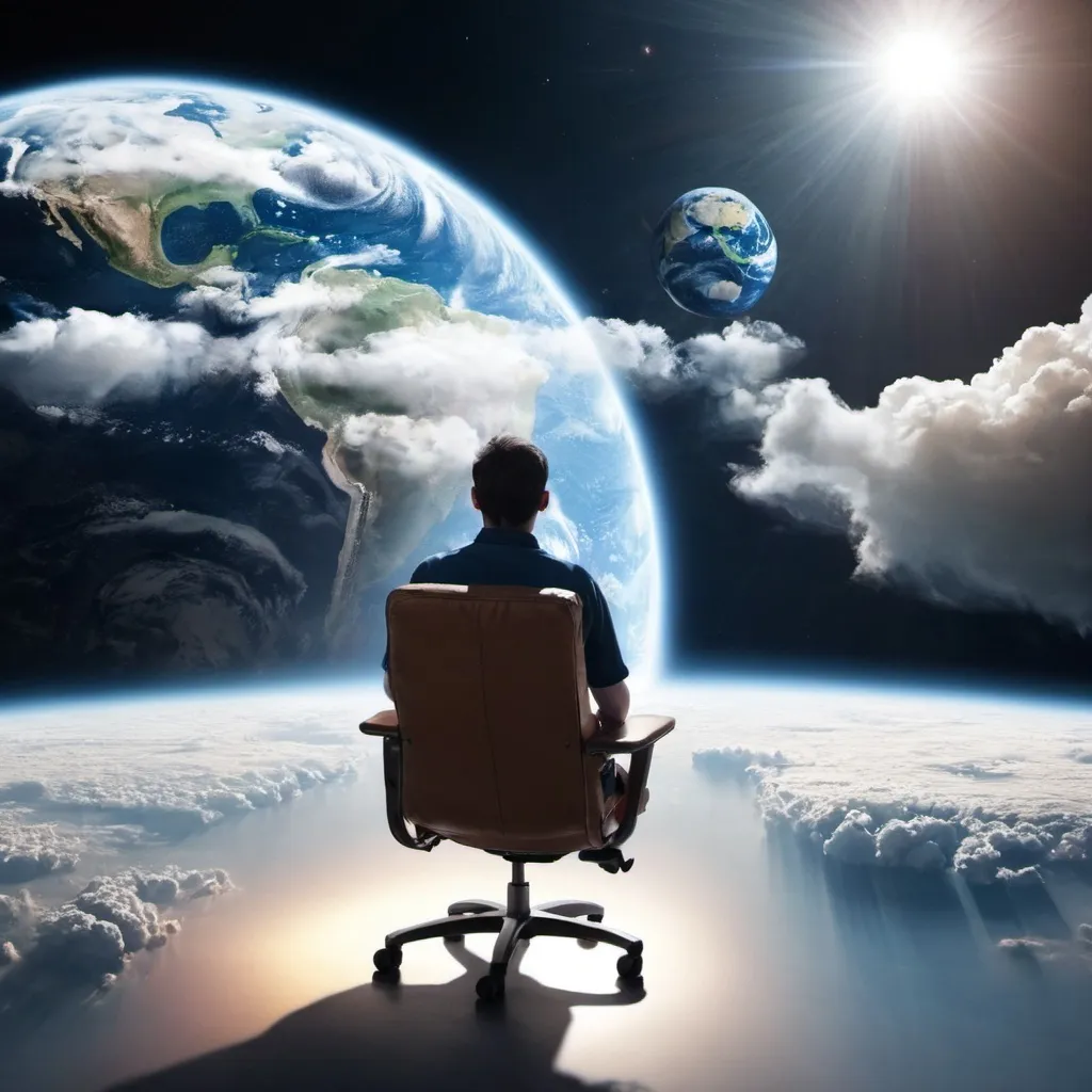 Prompt: A person sits on a chair in space with clouds under him and the planet Earth under him.