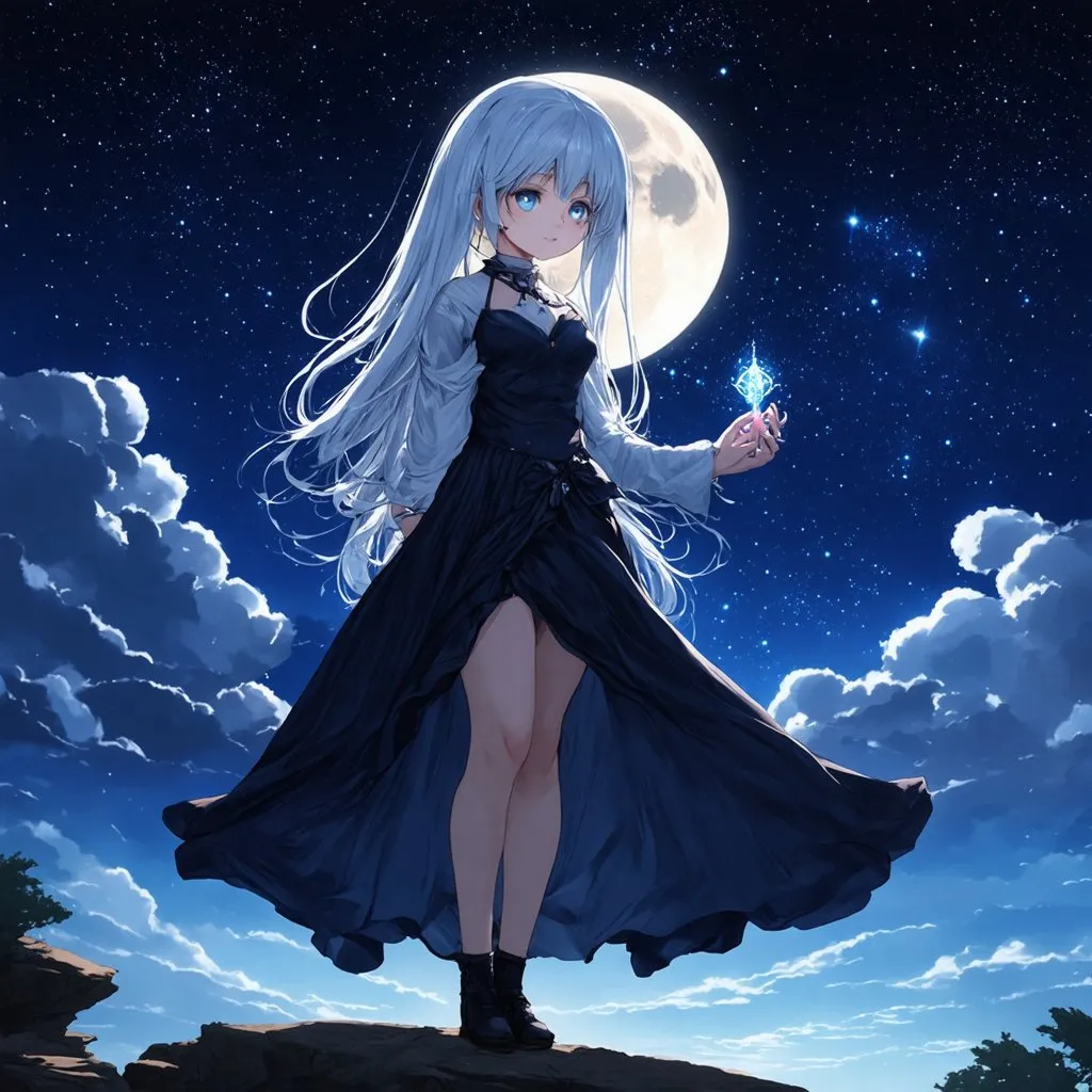 Prompt: "Create an anime-style artwork of a mysterious teenage girl with long, silver hair and piercing blue eyes, standing on a cliff overlooking a vast, starry night sky. She is wearing an elegant, flowing dress that shimmers in the moonlight. In her hand, she holds an ancient, glowing artifact. The scene is filled with a sense of wonder and magic, with shooting stars and a glowing full moon in the background. Use dark, rich colors with sparkling highlights to emphasize the enchantment of the night."