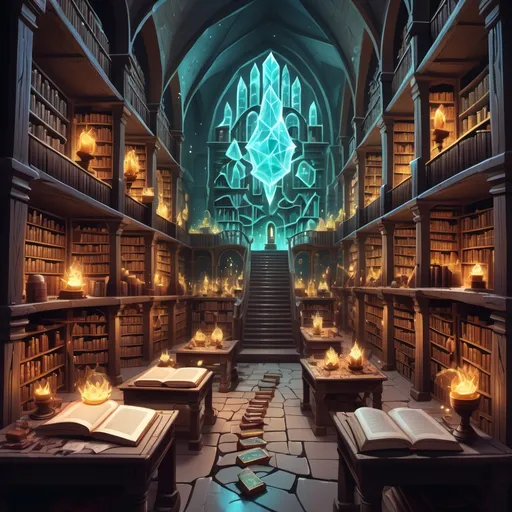 Prompt: A Dnd map with bright, labyrinthine crystal libraries filled with magical spell books arranged in rows of ancient book shelves and volatile potions left brewing on tables