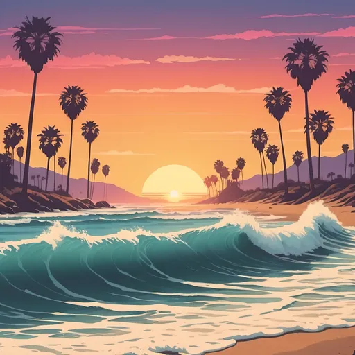 Prompt: in retro California vibes can you please create a sunset beach scene with barreling waves in the background
