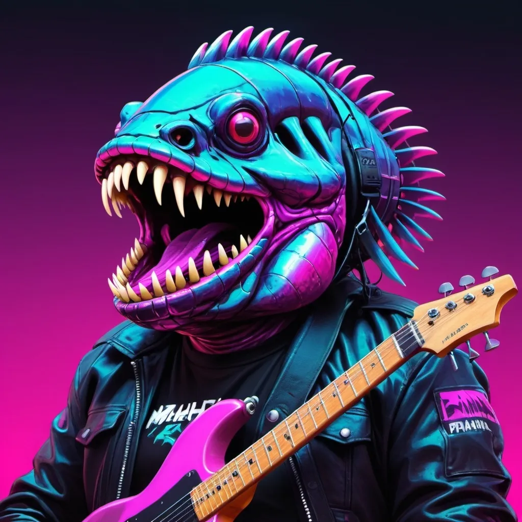 Prompt: metalhead piranha in synthwave concept
