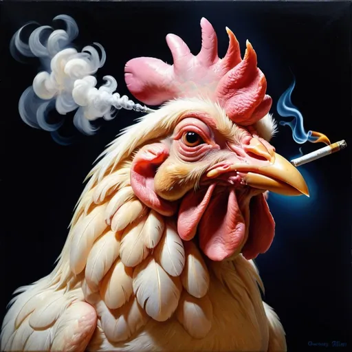 Prompt: Surrealism, a chicken head with a pig body, smoking a joint, vibrant and whimsical, oil painting, detailed feathers and fur, vibrant colors, surrealistic style, whimsical lighting, high quality, vibrant, detailed feathers, detailed fur, smoking, surreal, oil painting, vibrant colors, whimsical lighting