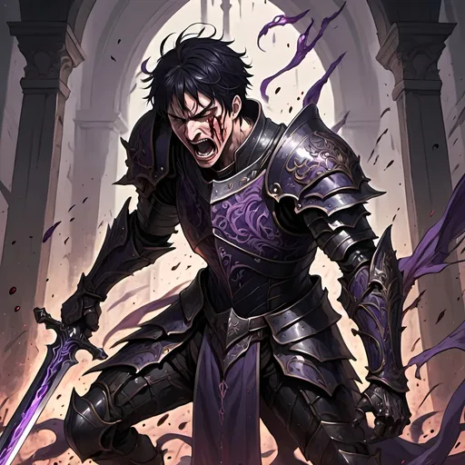 Prompt: A dark haired man with purple veins covering him screaming in pain with tears running down his face. While his soul burns behind him. Blood pooled on the ground below him. Human looking. Pale. Thin. A knight in black armor is impaled by him. Anime style. Wielding large ornate dark sword.