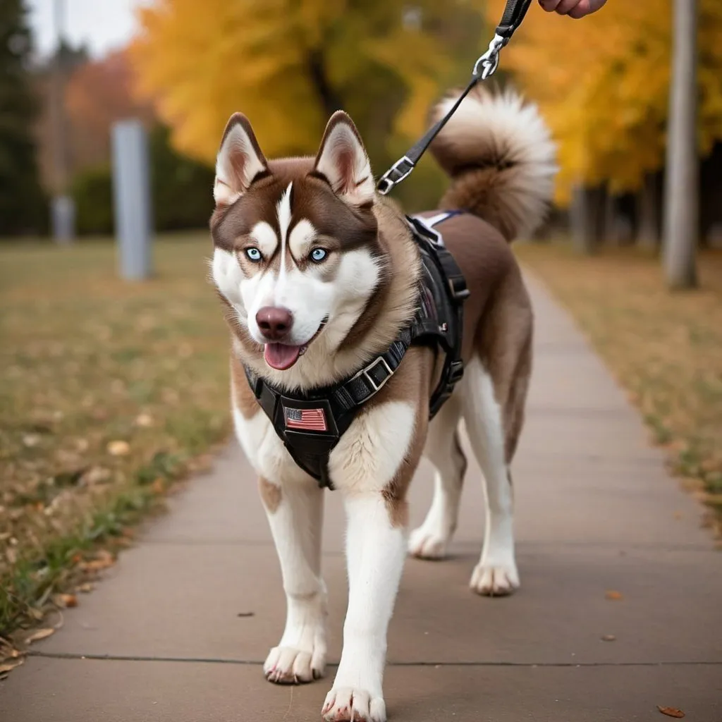Prompt: a dark brown Siberian husky service dog walking on leash, downwards view