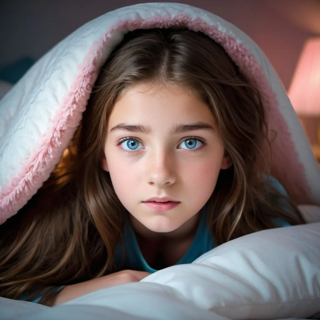 Prompt: a 14 year old girl with brown hair and blue eyes waking up in a bed with white pillows and a pink blanket. the only light is from a dim lamp. the girl looks like she has just woken up. shadowy picture
