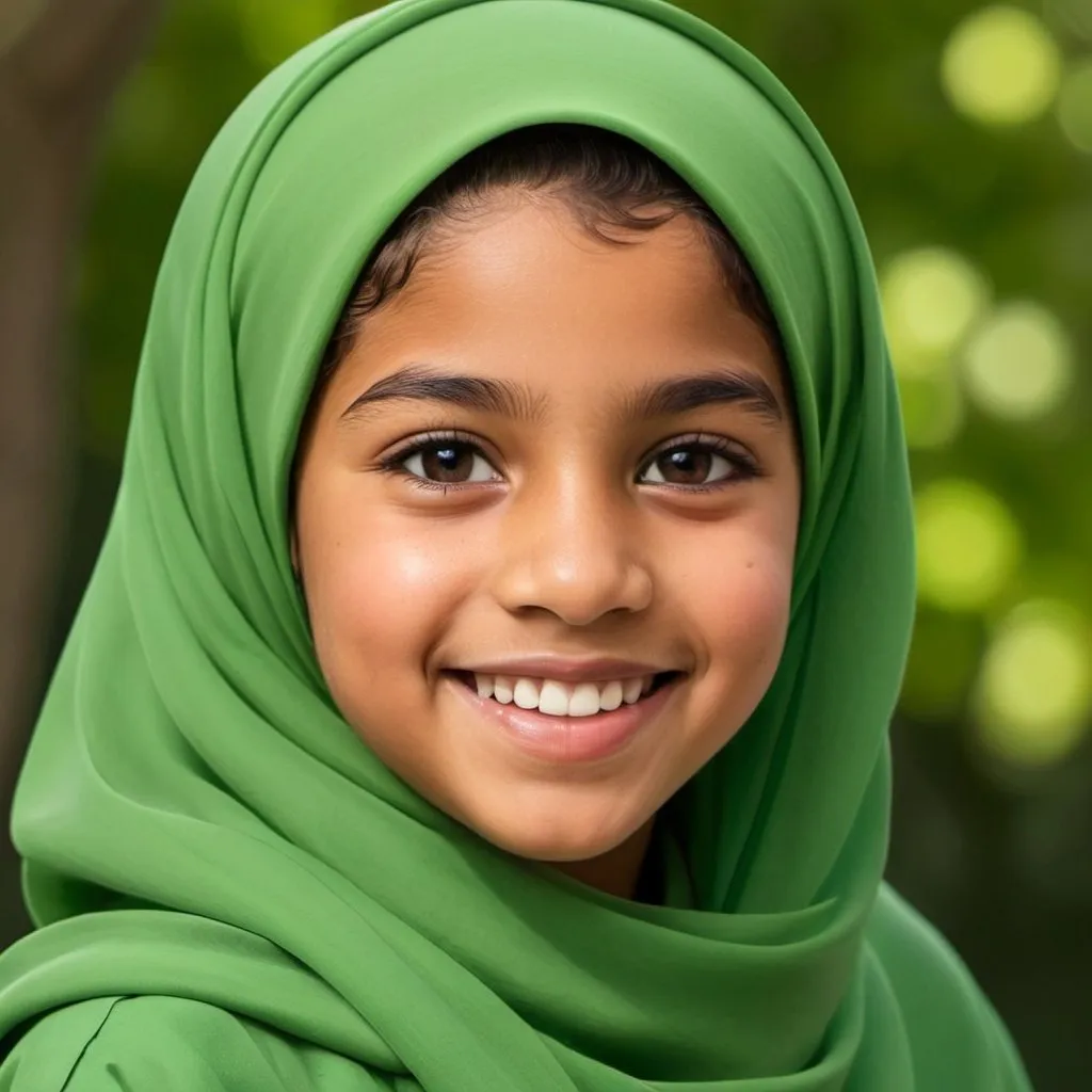 Prompt: drawing of Lyric: 12 year old female, american,  Muslim, brown eyes, smiling, green headscarf