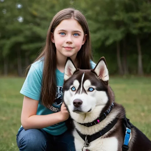 Prompt: a 14 year girl with brown hair and blue eyes with a siberian husky service dog