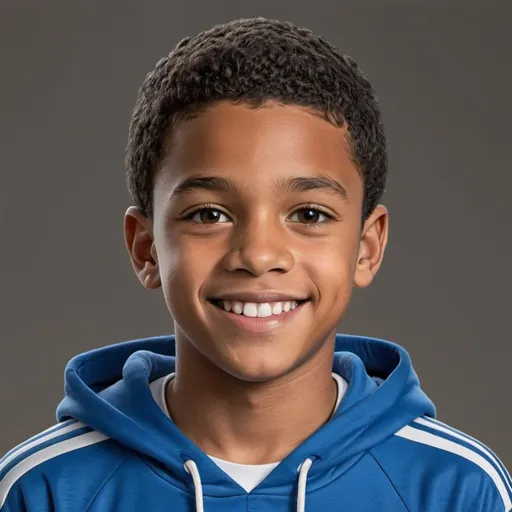 Prompt: drawing of Leo: 14 year old male, 5'4, african-american, calm posture, soccer player build, short black hair to ears, brown eyes, blue hoodie, smiling