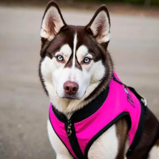 Prompt: a dark brown Siberian husky service dog with a pink vest