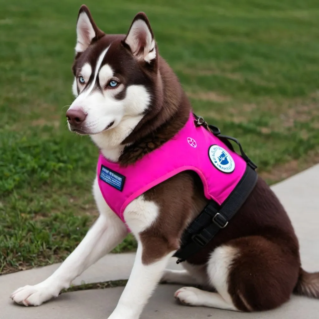 Prompt: a dark brown Siberian husky service dog with a pink service dog vest