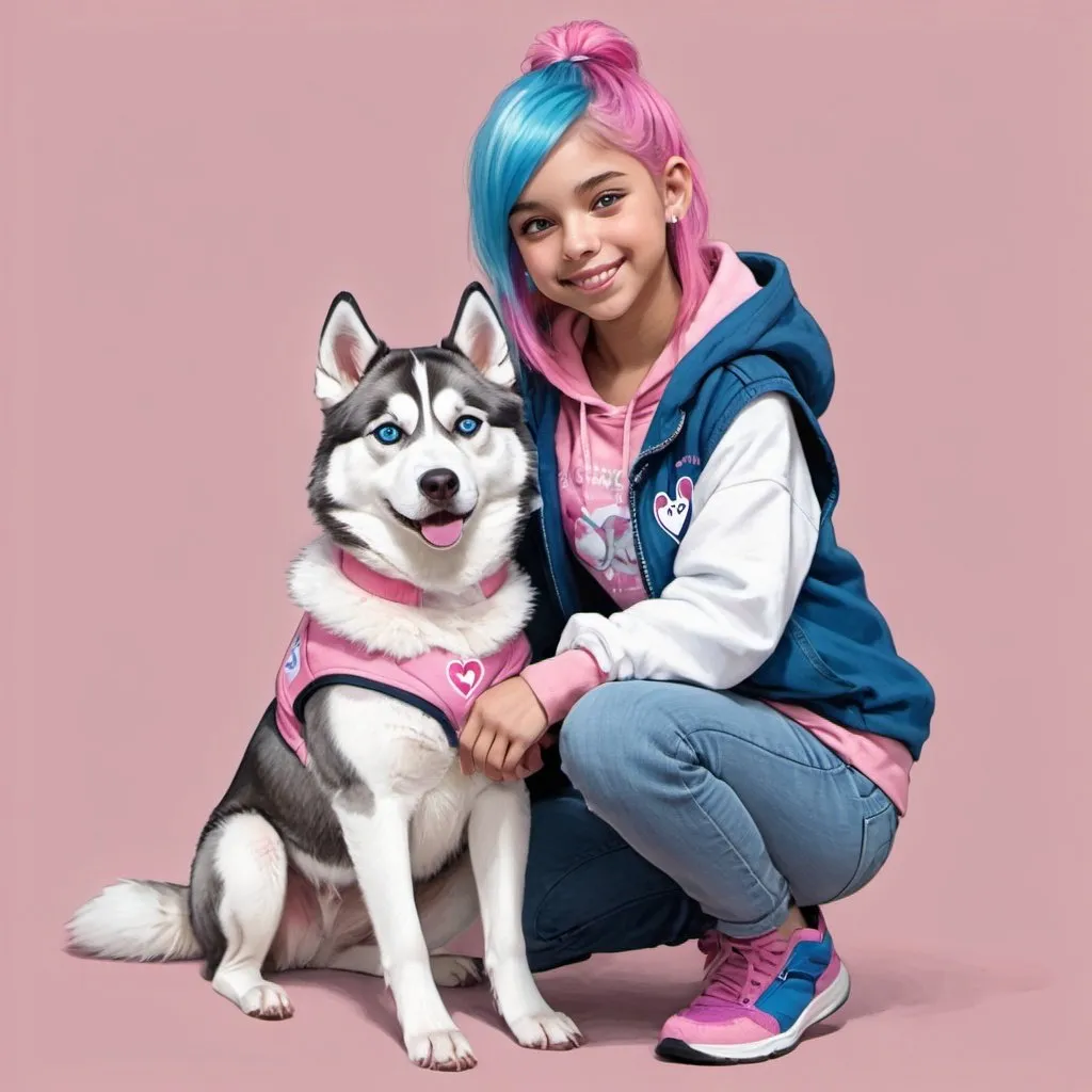 Prompt: drawing of Mya: 12 year old girl, 5'2, short, white, shy/introverted posture, dancer build, mid length split dyed blue and pink hair, blue eyes. Siberian husky service dog with pink vest sitting next to her. pink hoodie, light jeans with heart patches. smiling