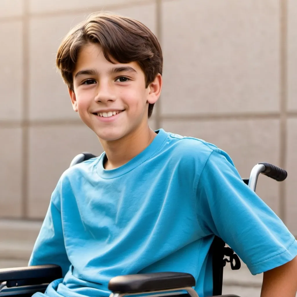 Prompt: drawing of Atlas: 14 year old male, american, brown eyes, brown hair, smiling, wheelchair user