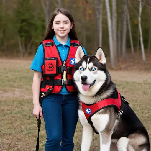 Prompt: a 14 year old girl with brown hair and blue eye standing next to a siberian husky service dog and the dog has a red service dog vest