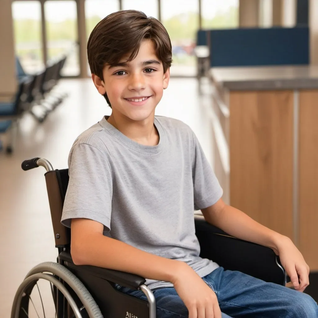 Prompt: drawing of Atlas: 14 year old male, american, brown eyes, brown hair, smiling, wheelchair user