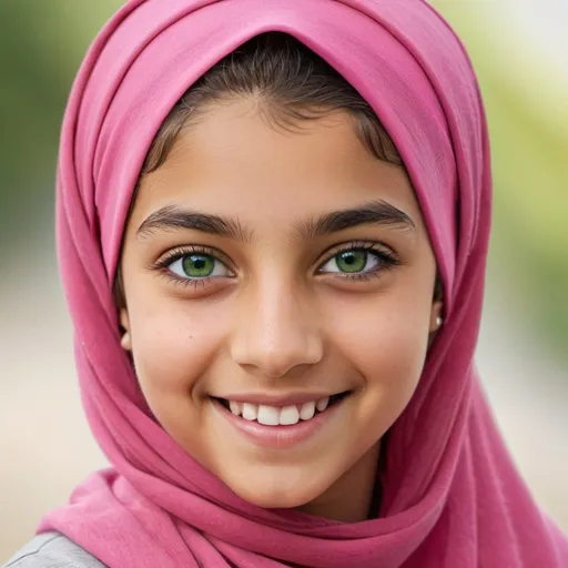 Prompt: drawing of Liana: 14 year old female, american,  Muslim, green eyes, smiling, pink t-shirt, pink headscarf