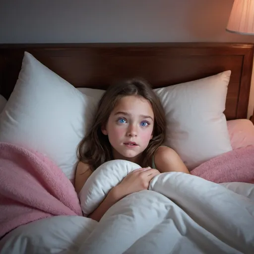 Prompt: a girl with brown hair and blue eyes waking up in a bed with white pillows and a pink blanket. the only light is from a dim lamp